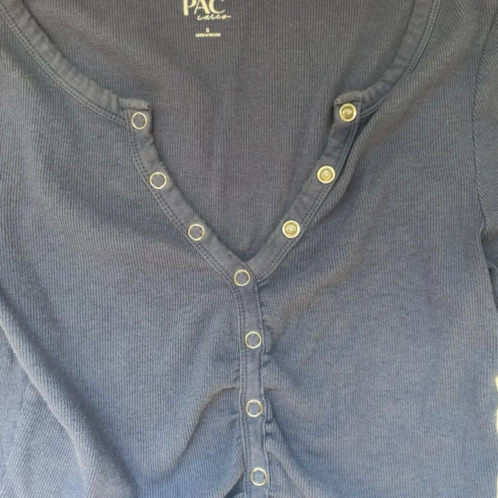 Y2K PAC Sun Blue Ribbed Snap Button Long Sleeve Crop Top Henley Shirt Sz Small